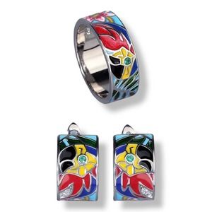 Silver Parrot Multicolor Enamel Ring and Pierced Earrings Set Ring